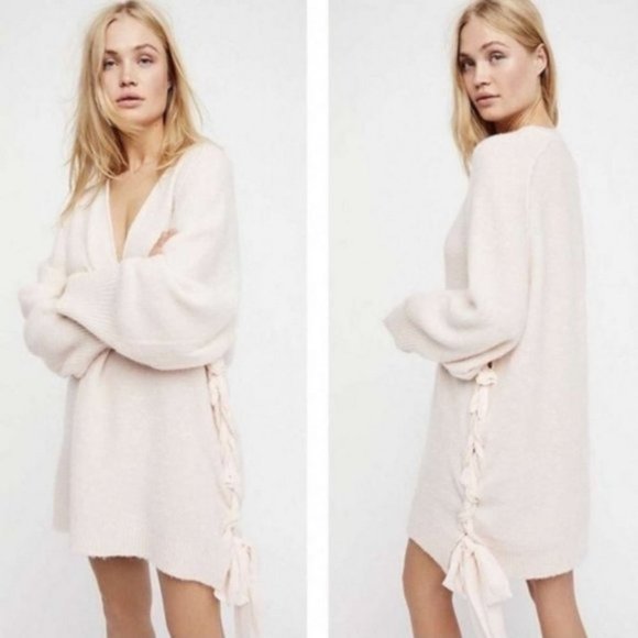 Free people like new lace up light pink sweater - Picture 2 of 12